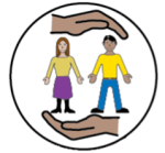 Illustration of two people standing between two horizontal hands